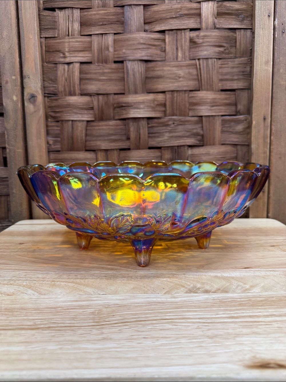Antique Iridescent Amber Glass Decorative Bowl